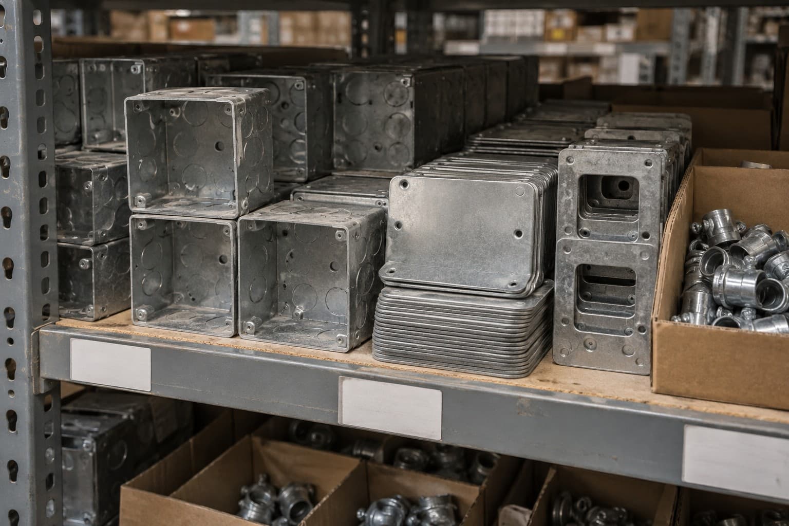 Bins of galvanized steel boxes, flat covers, raised rings, and cartons of EMT set-screw connectors on warehouse shelving.