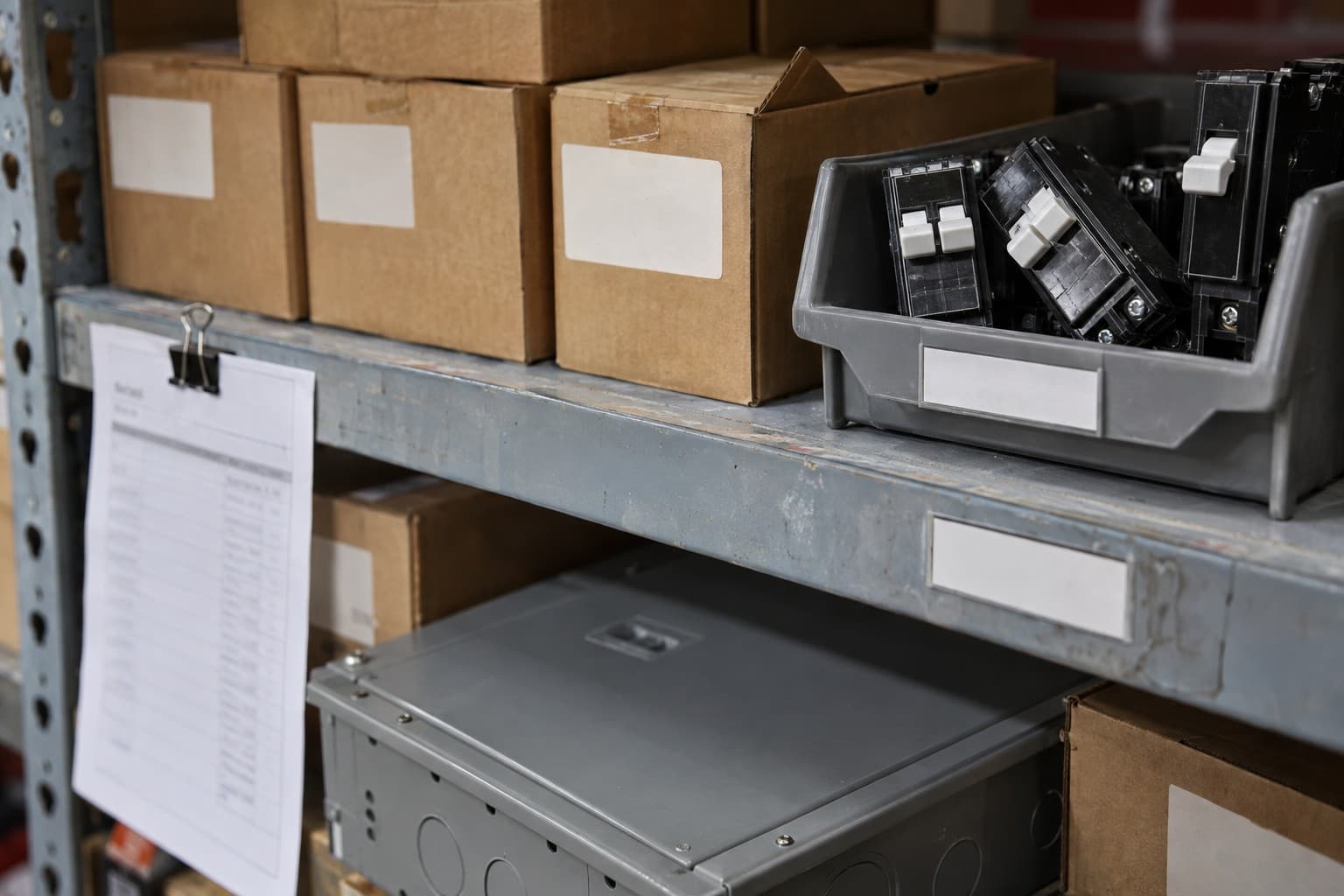 Circuit breakers in a parts bin on warehouse shelving, with a loadcenter box on the shelf below.