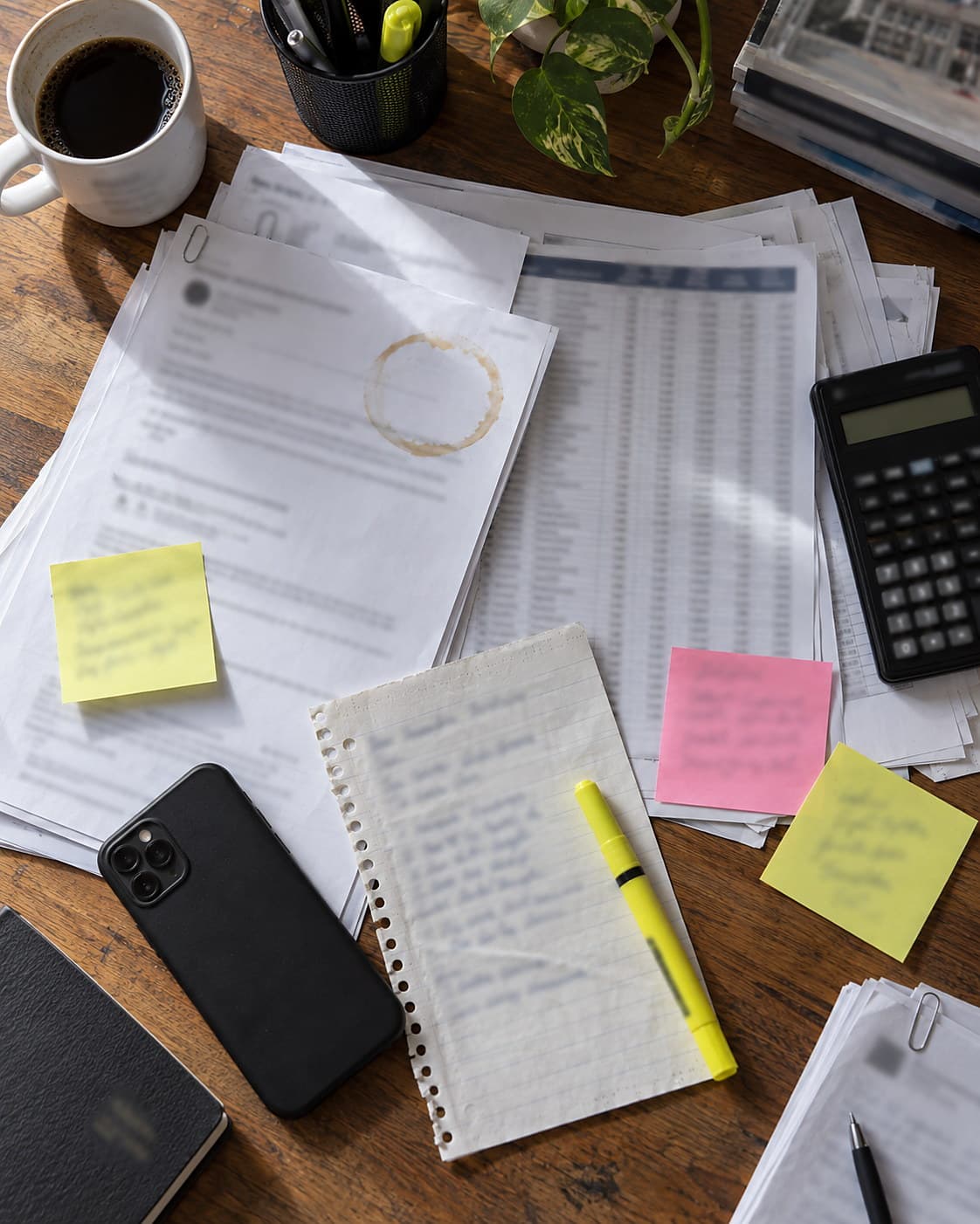 A quoting desk covered in printed emails, a spreadsheet printout, sticky notes, a handwritten list, and a calculator.