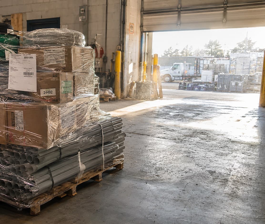 A staged pallet of wire and conduit next to an open loading door in morning light.