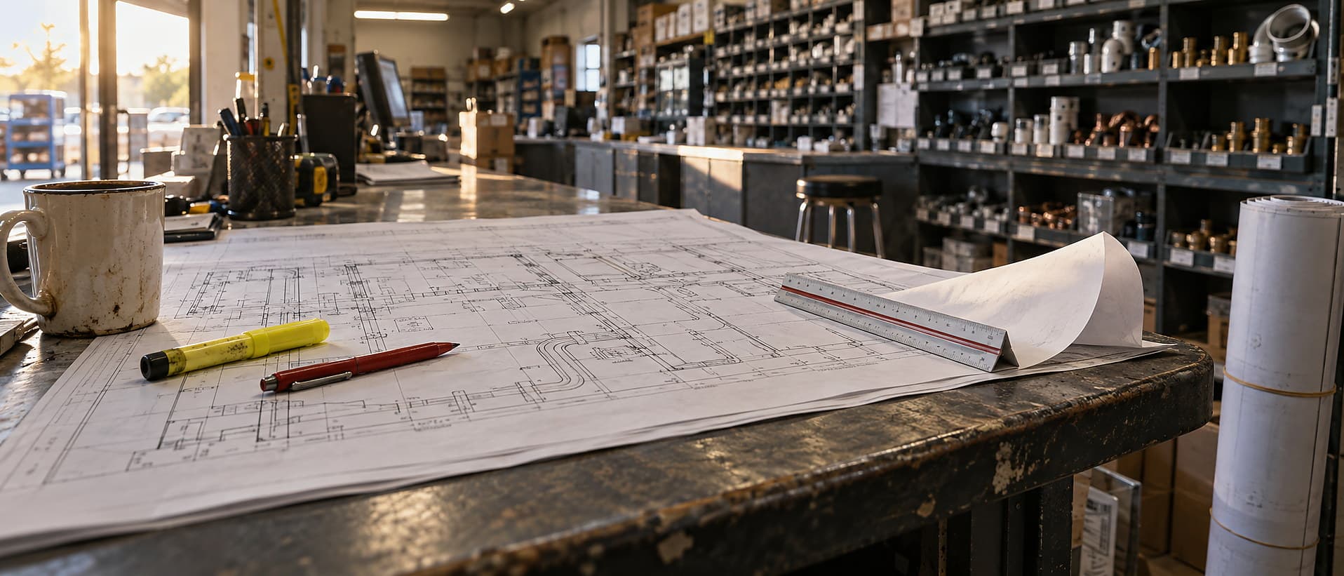 A large set of construction drawings unrolled across a distributor's counter with a scale ruler, a highlighter, and a red pen on it, rolls of drawings standing at the right and parts bins behind.