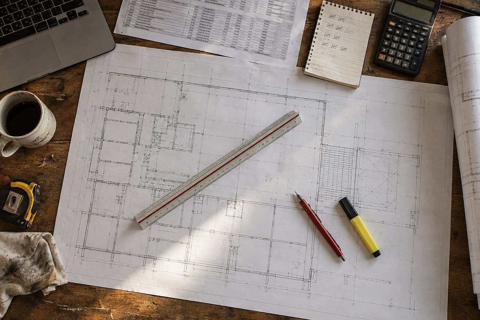 An estimating desk seen from above: a large drawing sheet spread flat with a scale ruler across it, a red pen and highlighter beside it, a printed quantity sheet, a tally notepad, and a calculator.