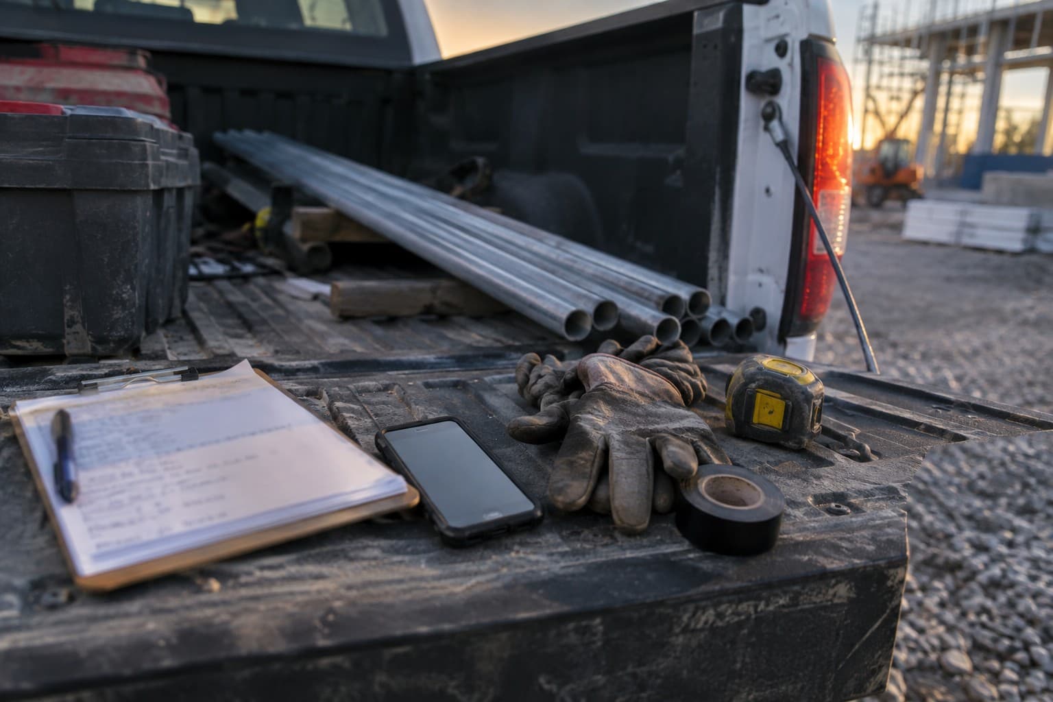A clipboard with a handwritten material list, a phone, work gloves, and a tape measure on a truck tailgate at a job site.