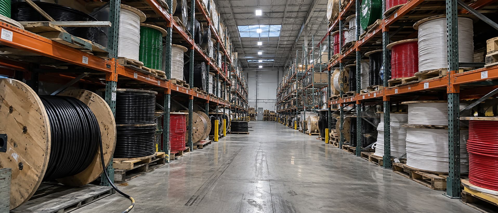 A distributor warehouse aisle lined with reels of building wire.